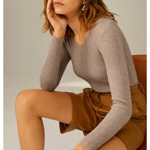 New Commense XSmall Light Khaki Brown Clouds Ribbed V Neck Sweater Pullover Knit - Picture 10 of 11